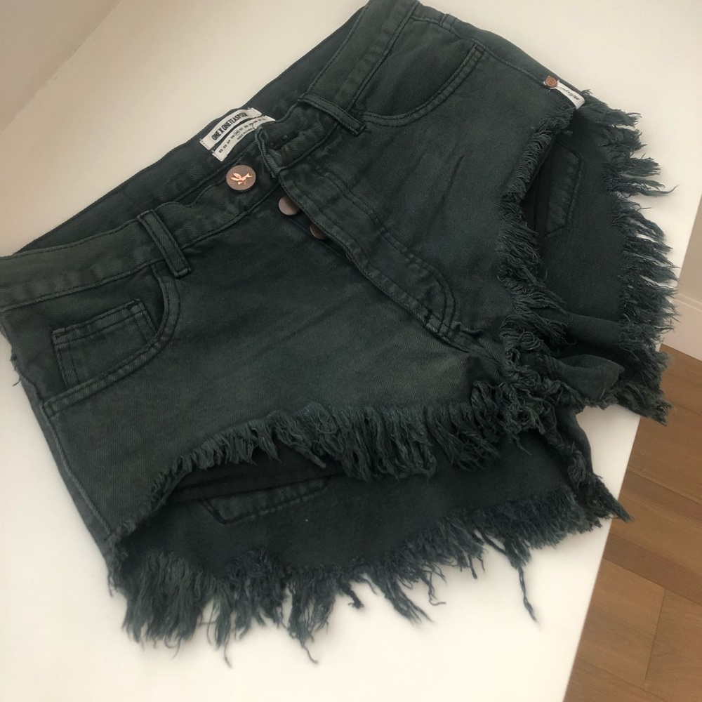 One Teaspoon Dark Green Frayed Hem Denim Shorts